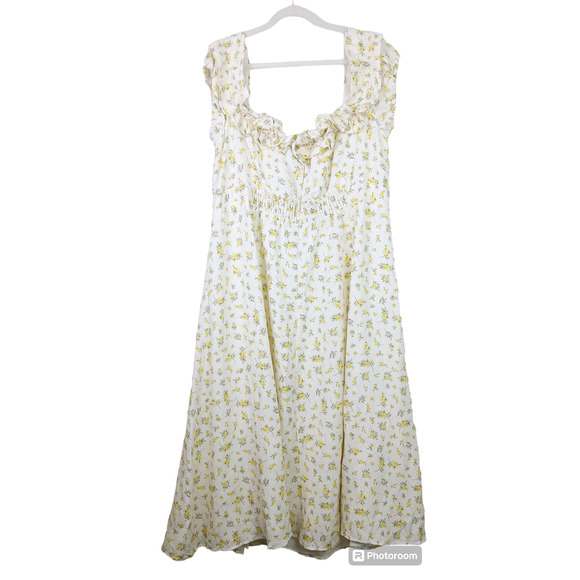 Ever New Curve SZ 18 Bardot Frill Midi Dress in Lemon Ditsy Floral - Picture 6 of 7